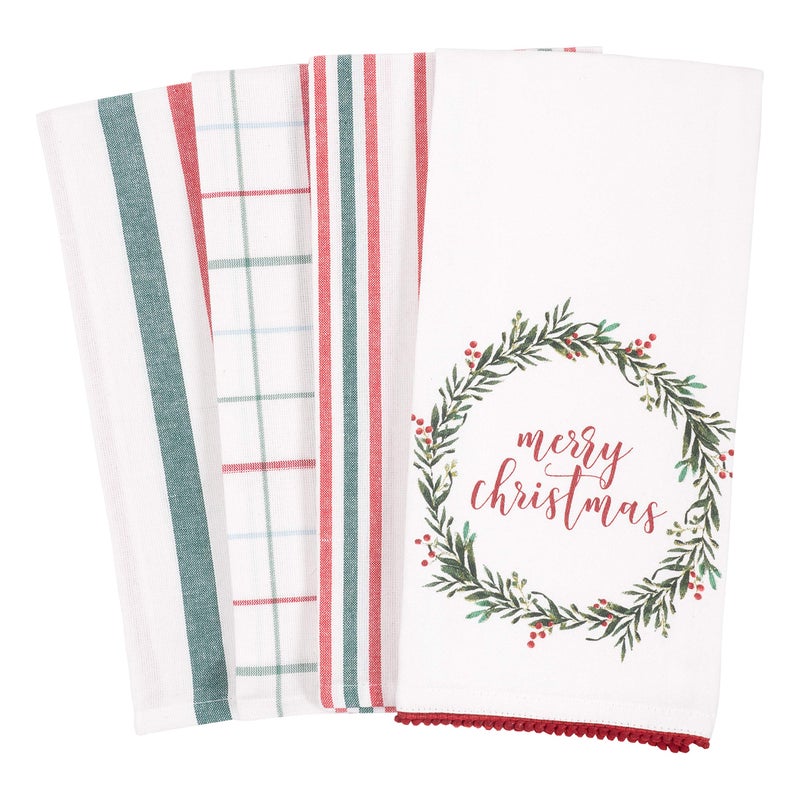 KAF Home Kitchen Holiday Digitally Printed Dish Towel Set of 4, 100-Percent Cotton, 18 x 28-inch (Merry Christmas Wreath) - Image 1
